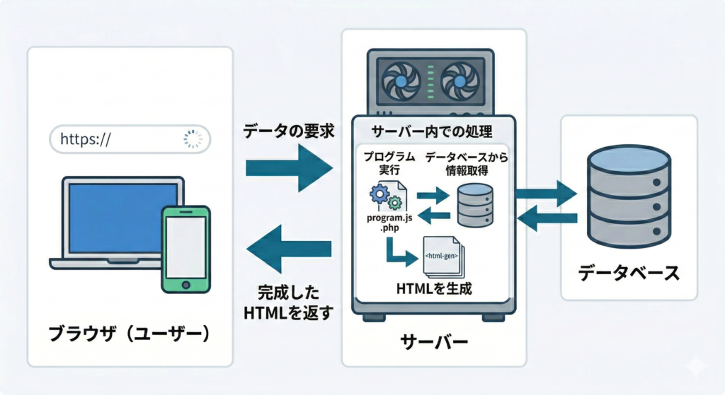 ブラウザの要求に対し、サーバーがデータベースから情報を取得してその場でHTMLを生成し、ブラウザへ返す仕組みの図解