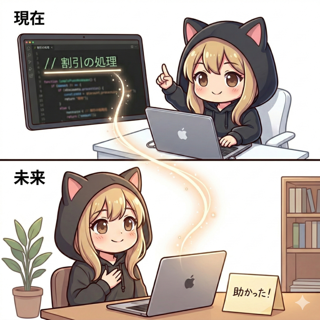 投稿主の女の子が書いたコードのコメントが、未来の自分への助けとなり笑顔を生んでいる様子を描いたイラスト