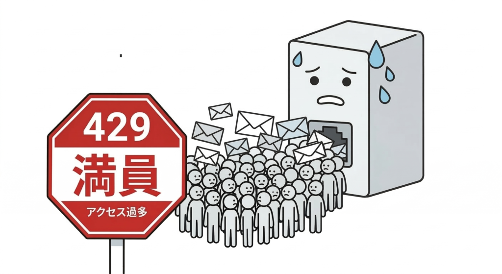 アクセス集中によりサーバのリクエスト処理が追いつかず、満員状態で拒否されているイメージ図