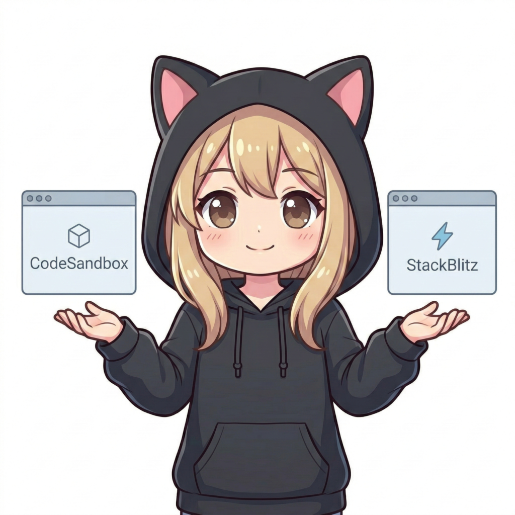 女の子が、おすすめのWebエディタである「CodeSandbox」と「StackBlitz」を提示している様子