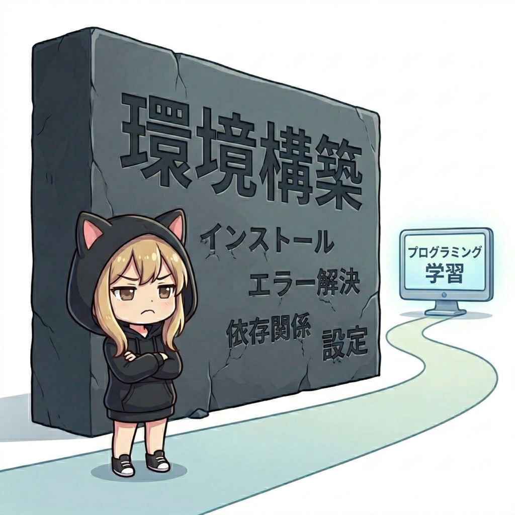 「プログラミング学習」という近道の前に複雑な環境構築の壁が女の子の行手を阻んでいるイラスト。